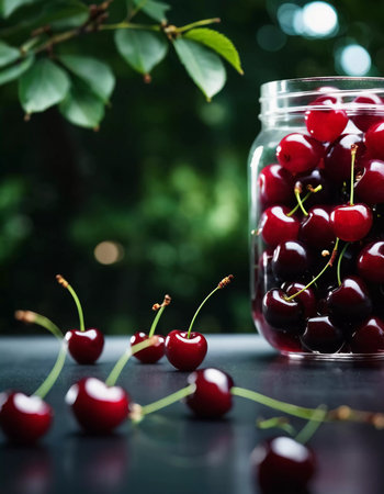 Ripe cherries are arranged on a wooden table under branches filled with fruit in a serene garden setting, basking in warm afternoon sunlight, surrounded by lush greenery. Eco products. Generative AI.の素材