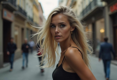 A blond young sexy woman with long hair strolls along a lively city street. Her confident demeanor blends well with the vibrant urban atmosphere, highlighting her fashionable look. Generative AIの素材