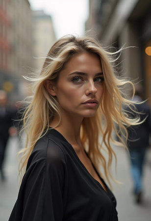 A blond young sexy woman with long hair strolls along a lively city street. Her confident demeanor blends well with the vibrant urban atmosphere, highlighting her fashionable look. Generative AIの素材