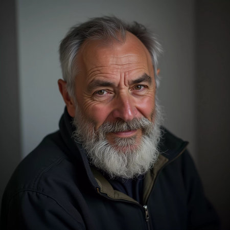 A senior man stands confidently, wearing a black jacket. Softly lit background. Portrait of a Russian man, 60-70-80 years old. Serious, wise, thoughtful face. Pensioner with gray hair. Generative AI.の素材