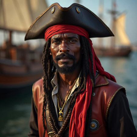 A seasoned pirate captain with long dreadlocks and a striking beard stares intently into the distance. Piracy is an activity committed by pirates, robbing ships on the seas, oceans. Generative AI.の素材