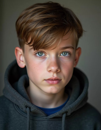 A young boy from Russia gazes directly at the viewer with captivating grey eyes. His tousled hair frames his face, and he wears a cozy dark hoodie. Rosy cheeks, piercing serious look. Generative AI.の素材