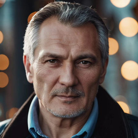 A middle-aged man with gray hair and brown eyes gazes directly at the viewer, showcasing signs of wisdom and experience. A resident of Russia, a strong-willed man 45-50 years old. Generative AI.の素材