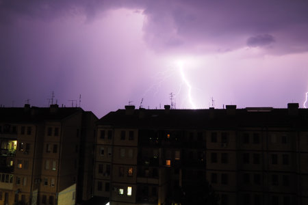 Multiple flashes of light and lightning. Lightning electrical spark discharge in atmosphere that...