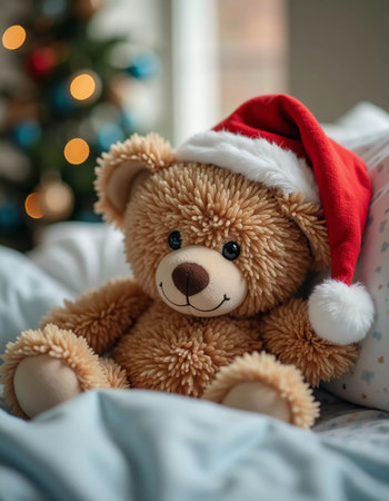 A teddy bear dressed in a Santa hat sits on a hospital bed, offering companionship to a child. The soft toy brings warmth and cheer in a challenging environment. Generative AI.の素材
