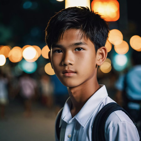 A young resident of Thailand poses amid the lively atmosphere of a night market.の素材