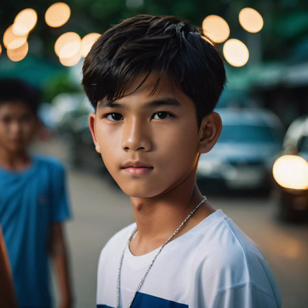 A young boy in Thailand gazes at the camera with a serious expression, standing on a street filled with blurred lights and movement, capturing an evening atmosphere in his vibrant community.の素材