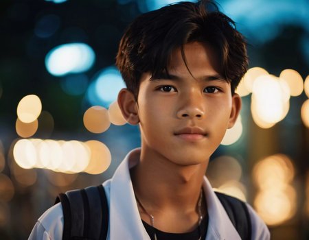 A young boy, around twelve years old, stands outdoors in Thailand, wearing a casual outfit. The night background features colorful lights that enhance the lively atmosphere.の素材