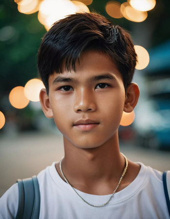 A boy around ten years old is seen outdoors in Thailand, standing still and gazing with confidence. The background is adorned with soft, blurred city lights, creating a vibrant atmosphere.の素材