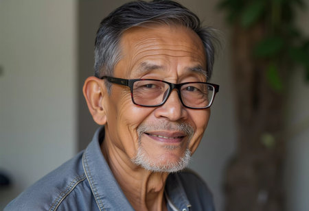 An elderly male resident of Thailand, wearing glasses and a casual shirt, displays a gentle smile inside a cozy space. The atmosphere feels relaxed and welcoming, highlighting his warmth.の素材