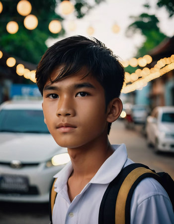 A young boy wearing a white shirt and backpack stands on a bustling street in Thailand. Warm decorative lights create a cozy ambiance as cars pass by, highlighting the lively neighborhood.の素材