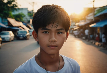A young boy stands confidently on a bustling street in Thailand as the sun sets behind him. The warm glow captures the vibrant atmosphere of daily life in the area.の素材