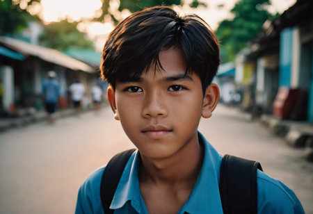A thirteen-year-old boy stands in his neighborhood in Thailand, wearing a blue shirt and a backpack. The warm glow of the sunset highlights his face as he enjoys a peaceful moment in his surroundings.の素材