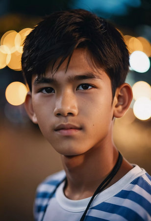 A boy living in Thailand stands confidently with a serious expression. Night falls in the city, and blurred lights create a warm atmosphere around him.の素材