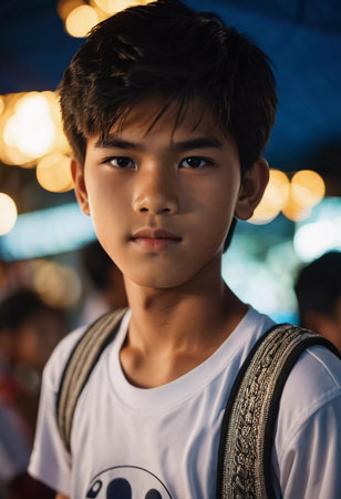 A boy about ten years old stands confidently in a vibrant night market in Thailand. The warm glow of lights creates a lively atmosphere as he gazes directly at the camera.の素材