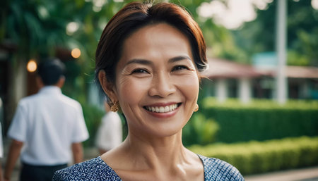 A woman in Thailand flashes a warm smile while standing outside, surrounded by tranquil greenery and a vibrant atmosphere, reflecting joy and contentment.の素材