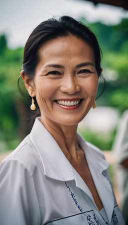 A joyful woman, approximately 50 years old, wearing traditional clothing and smiling brightly stands outdoors amidst lush greenery in Thailand. The atmosphere exudes warmth and happiness.の素材