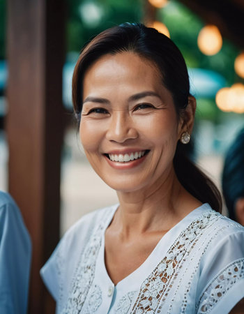 A joyful woman in her forties smiles brightly, showcasing her happiness amidst a lively setting in Thailand. The warm sunlight enhances her cheerful demeanor, reflecting the local culture.の素材