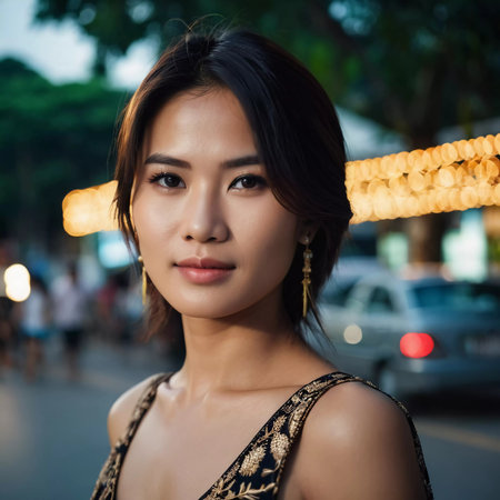 A resident of Thailand poses elegantly on a lively street adorned with beautiful lights. The warm glow creates a vibrant atmosphere as night falls, showcasing her proud heritage.の素材