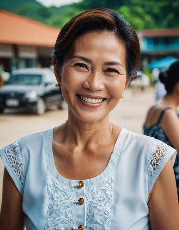 A cheerful woman in her 50s stands smiling in a lively outdoor scene in Thailand, surrounded by people and beautiful lush greenery. She radiates warmth and joy.の素材