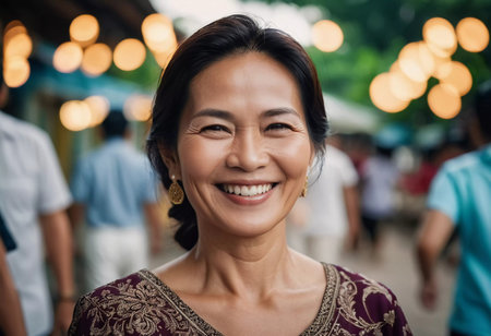 A joyful woman in traditional attire beams while surrounded by a bustling market in Thailand. Colorful lights enhance the lively atmosphere, showcasing the cultural charm of the area.の素材