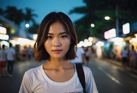 A young woman poses in a bustling night market in Thailand. The lively atmosphere is enhanced by colorful lights and crowds, reflecting the local culture and nightlife.の素材