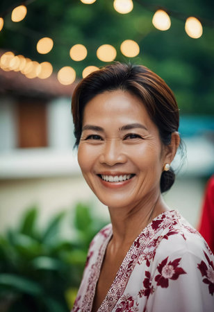 A cheerful woman in traditional clothing smiles warmly at a gathering in Thailand. The backdrop features soft glowing lights, enhancing the joyful atmosphere of the event.の素材