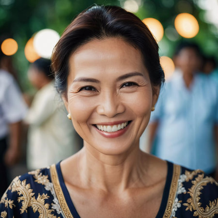 A joyful woman from Thailand smiles brightly while surrounded by friends in a cheerful outdoor setting. Warm lights create an inviting ambiance as she engages in lively conversation.の素材