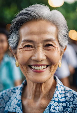 A cheerful woman in her senior years smiles brightly while surrounded by a joyful atmosphere in Thailand. Her joyful demeanor captures the spirit of celebration and community.の素材