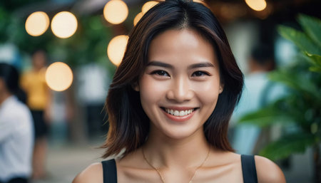 A woman smiles brightly while standing in a lively setting in Thailand. The background features warm lights and people engaged in evening activities, creating a cheerful ambiance.の素材