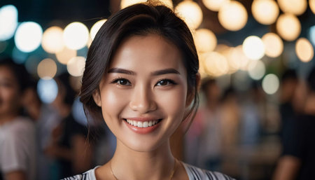 A resident of Thailand beams with joy in a bustling night market. Surrounding her is a lively atmosphere filled with warm, glowing lights, showcasing the joyful spirit of the evening.の素材