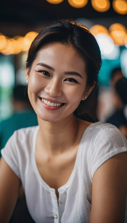 A woman in her twenties smiles brightly while seated in a cafの素材