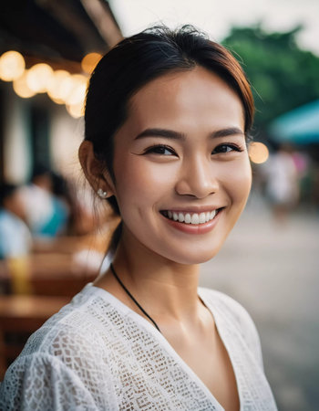 A cheerful woman in her twenties stands in a lively Thai neighborhood. Her bright smile reflects happiness as she connects with the community and enjoys the atmosphere around her.の素材