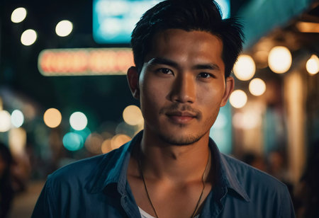 A man stands confidently at a bustling night market in Thailand, surrounded by colorful lights and the lively atmosphere of the evening. His expression reflects the vibrancy of the setting.の素材