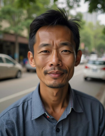 A man living in Thailand enjoys a moment outdoors, smiling warmly. Surrounded by green trees and parked cars, he embodies the vibrant atmosphere of the city.の素材