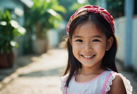 A cheerful young girl with a bright smile stands in a sunlit path in her vibrant neighborhood in Thailand. Her playful energy reflects the warmth of the day, capturing pure happiness.の素材