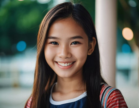 A joyful girl around ten years old smiles warmly at the camera, showcasing her happiness in Thailand's vibrant outdoor setting surrounded by greenery.の素材