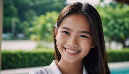 A cheerful girl living in Thailand smiles brightly while standing outdoors. Her lively expression reflects the joy of a sunny day amidst a beautiful garden setting.の素材