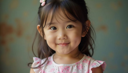 A young Thai girl, around five years old, smiles warmly while wearing a colorful dress. Her playful demeanor radiates joy in a cozy indoor environment, highlighting her innocence.の素材