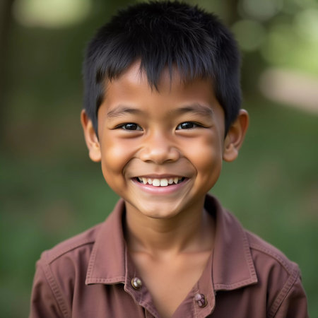 A cheerful boy around five years old smiles brightly, showcasing his happiness. Set against a blurred outdoor background, he embodies the spirit of childhood in Thailand.の素材