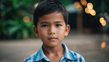 A young boy from Thailand, around six years old, stands confidently outdoors. The background features lush greenery and soft, ambient lighting, creating a warm atmosphere.の素材