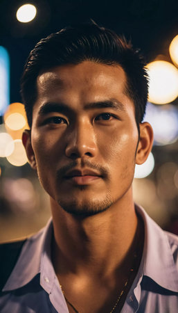 A man in Thailand stands in a lively urban area at night. His expression is focused, with city lights creating a colorful backdrop, highlighting the energy of the environment.の素材