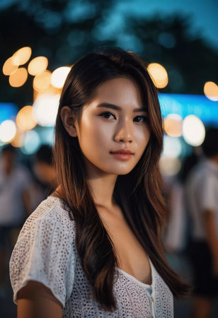 A young resident woman in Thailand gazes confidently at the camera amid a lively evening backdrop. The soft lighting enhances her features while the blurred crowd adds a festive vibe.の素材
