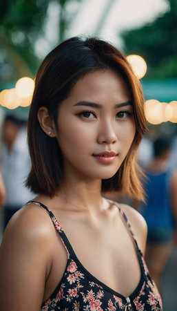 A resident Thai woman stands confidently amid a vibrant outdoor market during the evening. Soft lights illuminate the scene, reflecting the lively atmosphere and cultural richness of Thailand.の素材
