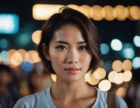 A young woman stands confidently in the bustling streets of Thailand, her features highlighted by the soft glow of city lights around her at night.の素材