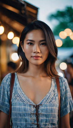 A resident woman in Thailand stands confidently in a casual blue outfit at a vibrant local market. The setting evening light creates a warm atmosphere with glowing bokeh in the background.の素材
