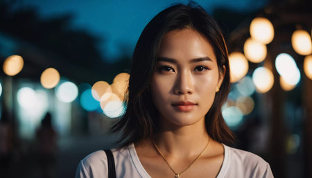 A young Thai woman stands confidently in the evening light, illuminated by soft, warm lights in a bustling outdoor area. Her calm expression reflects the vibrant atmosphere around her.の素材
