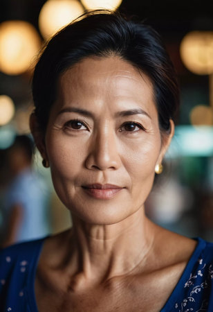 A woman from Thailand is captured with a serene expression, reflecting confidence and grace. The background hints at a vibrant setting, suggesting a lively atmosphere in her community.の素材