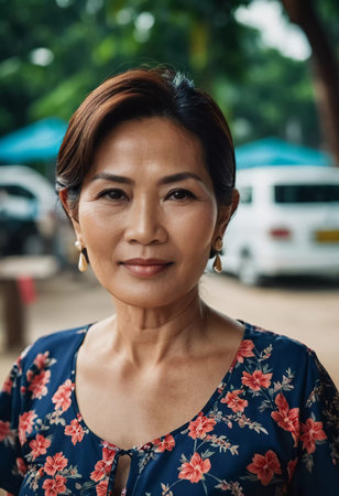 A resident woman from Thailand stands confidently with a slight smile, dressed in a colorful floral dress. The backdrop features market stalls and greenery, creating an inviting atmosphere.の素材