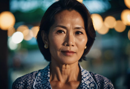 A confident resident woman from Thailand stands amidst the colorful lights of a bustling night market. She gazes directly at the camera, reflecting strength and serenity during the evening.の素材